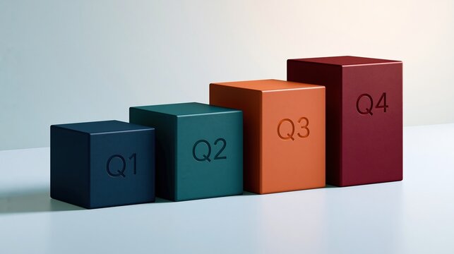 Blocks labeled Q1, Q2, Q3, Q4 are arranged from left to right, representing quarterly growth planning in a clean studio environment with soft light.