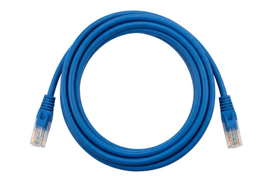 Coiled blue RJ45 ethernet network cable isolated on white background