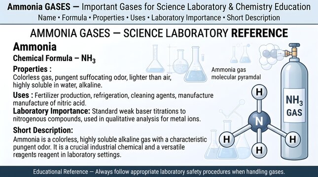 Ammonia gas laboratory chemistry reference infographic featuring formula NH3, trigonal pyramidal structure, pungent odor, fertilizer production, refrigeration uses, basic properties, toxicity, and saf
