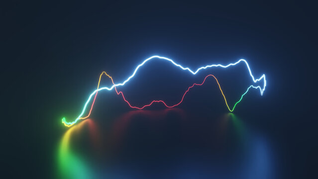 Jagged neon signal line above a dark reflective abstract surface.