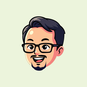 Cartoon illustration of a smiling man face avatar with black glasses, mustache, and goatee beard, perfect for profile pictures, logos, mascots, and modern branding projects.