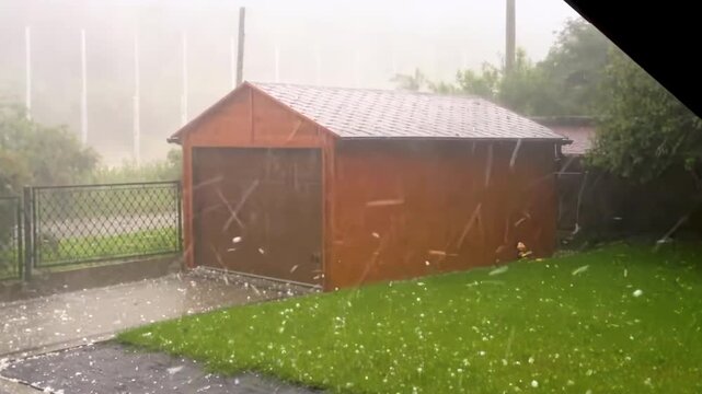 A massive hailstorm with huge hailstones falling from the sky.
