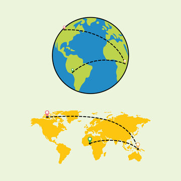 Vector set featuring a planet earth globe and yellow flat world map with dotted travel routes and pin markers, ideal for global travel, tourism, logistics, and navigation.