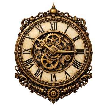 Ornate vintage steampunk clock with Roman numerals and exposed gears