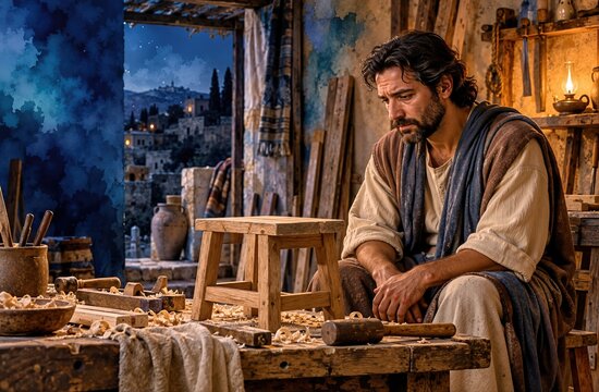 Contemplative Joseph sitting in carpenter workshop beside a rough wooden stool and tools. Biblical Christmas nativity background with oil lamp and blue watercolor night sky view of bethlehem