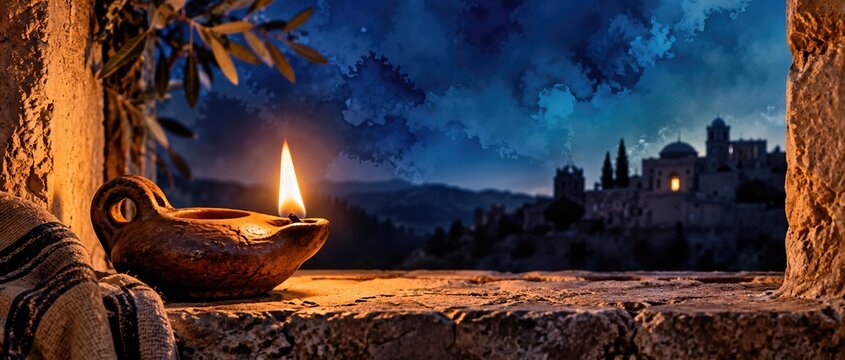 Ancient clay oil lamp burning on stone window ledge overlooking bethlehem silhouette under indigo watercolor night sky. Biblical christmas nativity background with copy space for banner