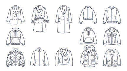 Collection of various outerwear styles for women, including trench coats, blazers, parkas, bomber jackets, and cardigans, presented in a clean line art illustration. © Rra Terra