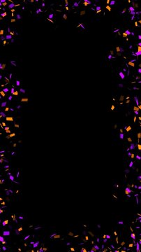 Orange and Purple Confetti Particles Papers border frame Alpha channel animation, Halloween Party celebration isolated vertical social media motion design element