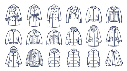 A comprehensive collection of various outerwear styles for women, including trench coats, denim jackets, puffer coats, and vests, presented in a clean line art illustration. © Rra Terra