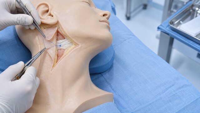 Medical training mannequin demonstrating surgical neck dissection technique with anatomical detail
