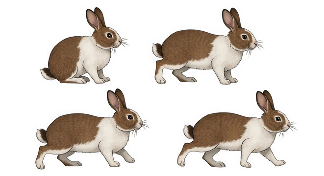 Four brown hares running on grassy field isolated on transparent background