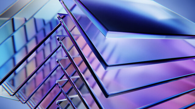 Transparent glass architecture with blue gradient reflections.
