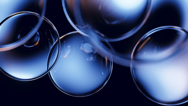 Dark glossy glass bubbles with blue reflective premium depth.