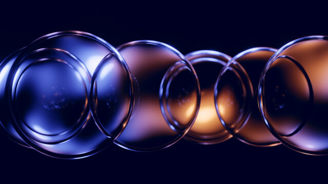 Row of glass rings with elegant blue copper reflections.