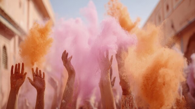 Vibrant festival celebration with colorful powder in the air