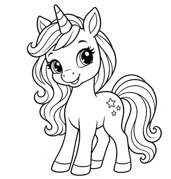 Cute little unicorn drawing for children to color on white background