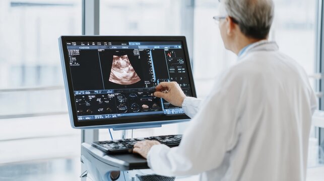 Doctor analyzing ultrasound scan on monitor in modern medical facility