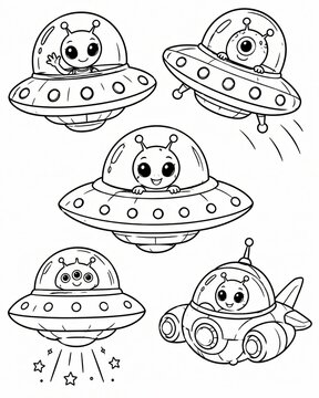 Cute cartoon ufo spaceship set with little aliens for coloring book