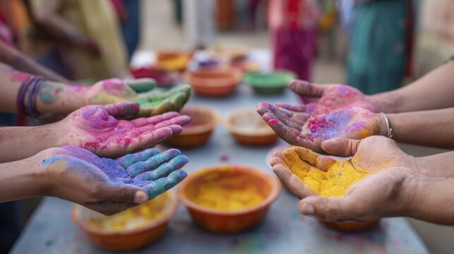 Vibrant holi festival celebration with colorful powders in hands in festive atmosphere