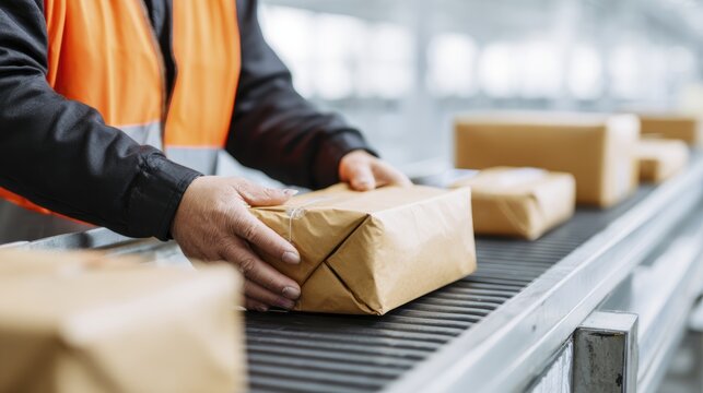 Efficient package sorting on a conveyor belt in a modern warehouse