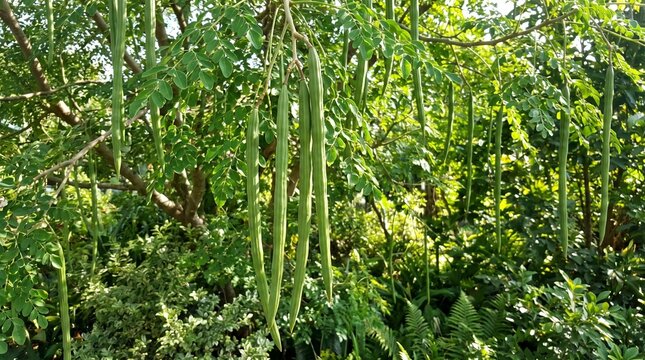 Fresh green drumstick pods hanging on moringa tree in garden