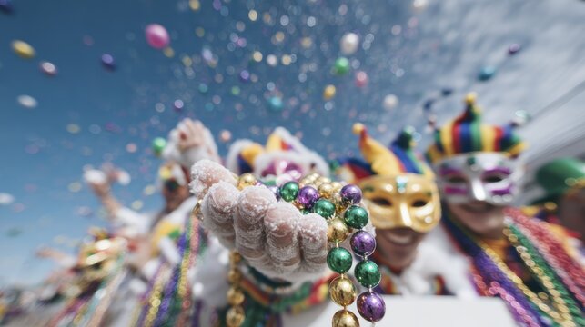 Vibrant mardi gras celebration with colorful masks and beads under a clear blue sky