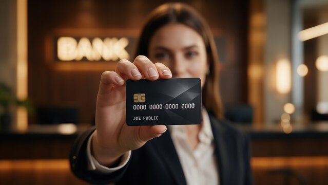 Professional woman banker showing a blank black credit card in a modern bank branch office. Consumer retail lending, credit limit and personal finance concept