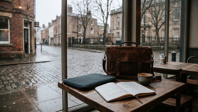 Cozy Rainy Day Workspace in Cafe with Leather Satchel and Coffee Cup