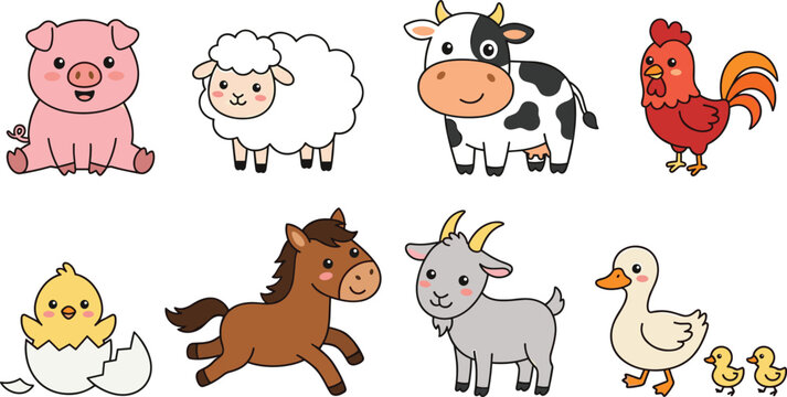 Cute Kawaii Farm Animals Vector Character Set with Pig, Sheep, Cow, Rooster, Running Horse, Goat, and Ducklings for Kids Graphic Designs and Nursery Stickers