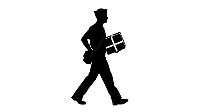 Silhouette of a delivery person walking with a parcel against a white background
