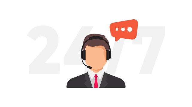 4K animation of Business customer support call center agent with a headset and speech bubble representing call center services, communication, assistance, and virtual client support.