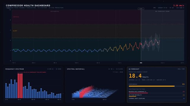 A detailed compressor health dashboard visualizing vibration trend anomaly forecasting with real-time data analysis and AI predictions in a dark-mode design.