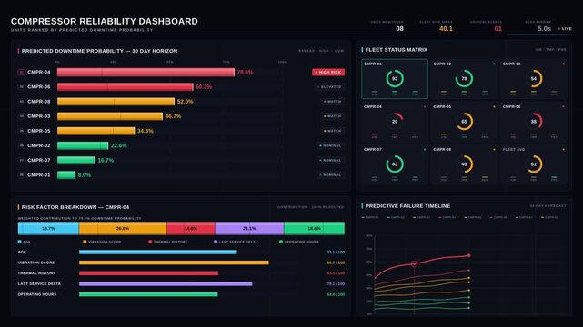 This animated compressor reliability dashboard features a ranked bar chart showcasing units by predicted downtime probability, highlighting risks and health metrics in a sleek design.