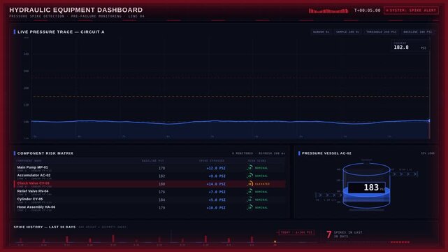 A dynamic hydraulic equipment dashboard showcasing pressure spike detection before failure, featuring animated charts, alert cards, and risk assessments in electric blue and crimson red hues.