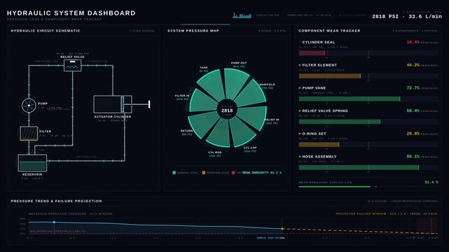 Explore a hydraulic system dashboard showcasing pressure loss and component wear tracker with animated diagrams and real-time flow indicators in a dark industrial design.