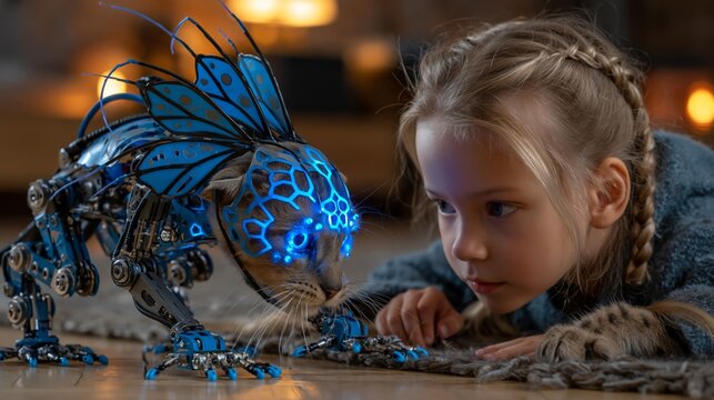 A young girl with braided hair observes a robotic cat featuring blue glowing patterns and butterfly wings against a blurred.