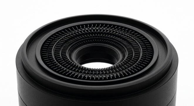 Macro of a bare star tracker camera optical baffle. Micro-machined matte black anodized aluminum concentric ridges for orbital navigation. Aerospace hardware isolated on a pure white background.