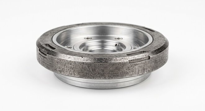 Macro of a bare satellite reaction wheel inertia ring. Precision micro-machined dense tungsten alloy component for spacecraft attitude control. Industrial hardware isolated on pure white background.