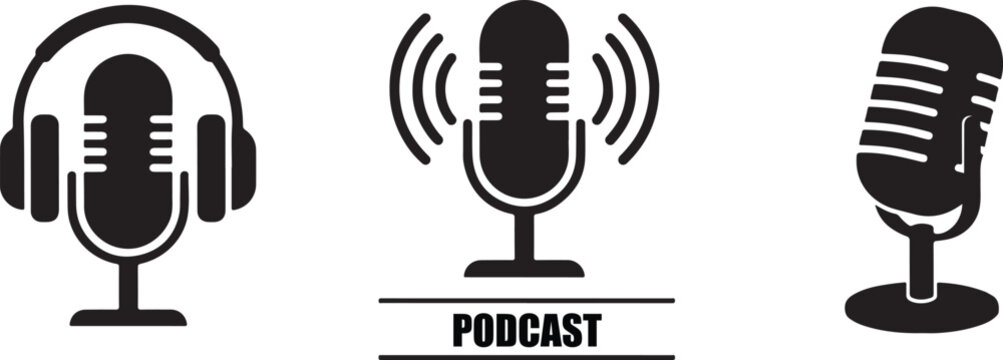Set of black and white podcast equipment icons featuring studio microphones and professional audio headsets
