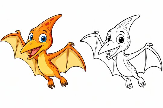 Cute flying pterodactyl dinosaur cartoon character with line art sketch