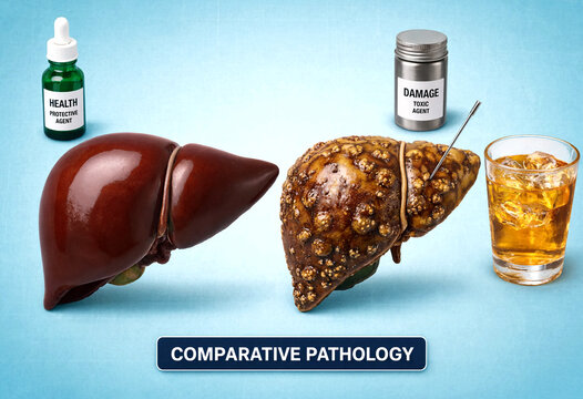 Healthy versus damaged liver comparative pathology illustration with agents