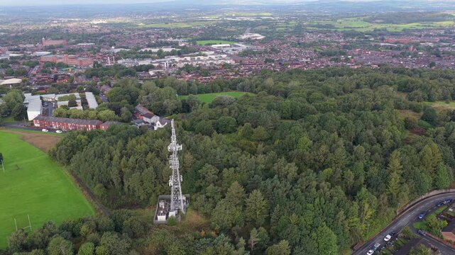 Aerial Video of Oldham North Transmitting Station Sports Ground and Pennine Foothills