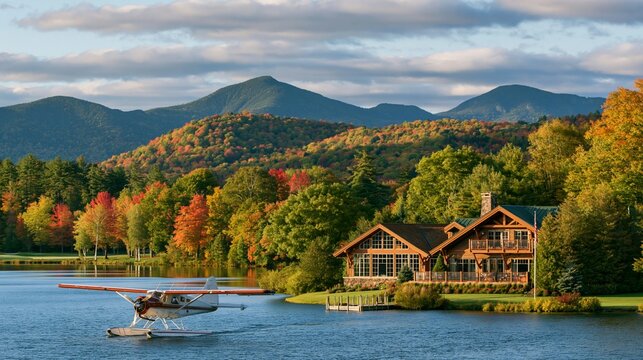 a serene lakeside scene during autumn. A float plane, with its distinctive orange and white wings, floats on the calm water. The lake is surrounded by lush greenery.