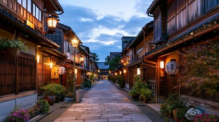 Fototapeta premium a traditional Japanesestyle alleyway at dusk. The alley is lined with wooden buildings, each adorned with traditional lanterns and hanging lanterns, casting a warm, golden glow.