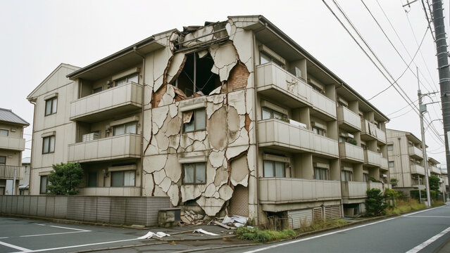 Damaged Apartment Building with a Cracked Facade