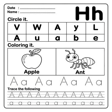 Alphabet learning worksheet for letter h tracing and writing exercises