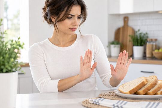 Woman Making Stop Gesture with Hands to Plate of Sliced Bread