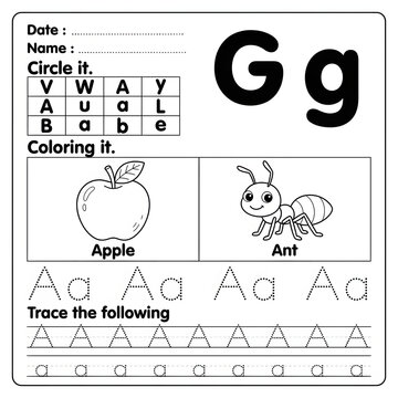 Alphabet tracing worksheet for letter g practice with apple and ant