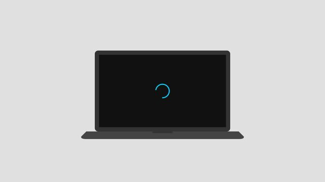 Minimalist Laptop Vector Illustration with Blue Circular Loading Progress Bar on Black Screen