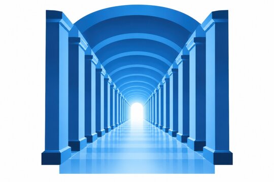 Blue pixel art style tunnel with a bright light at the end of the long corridor